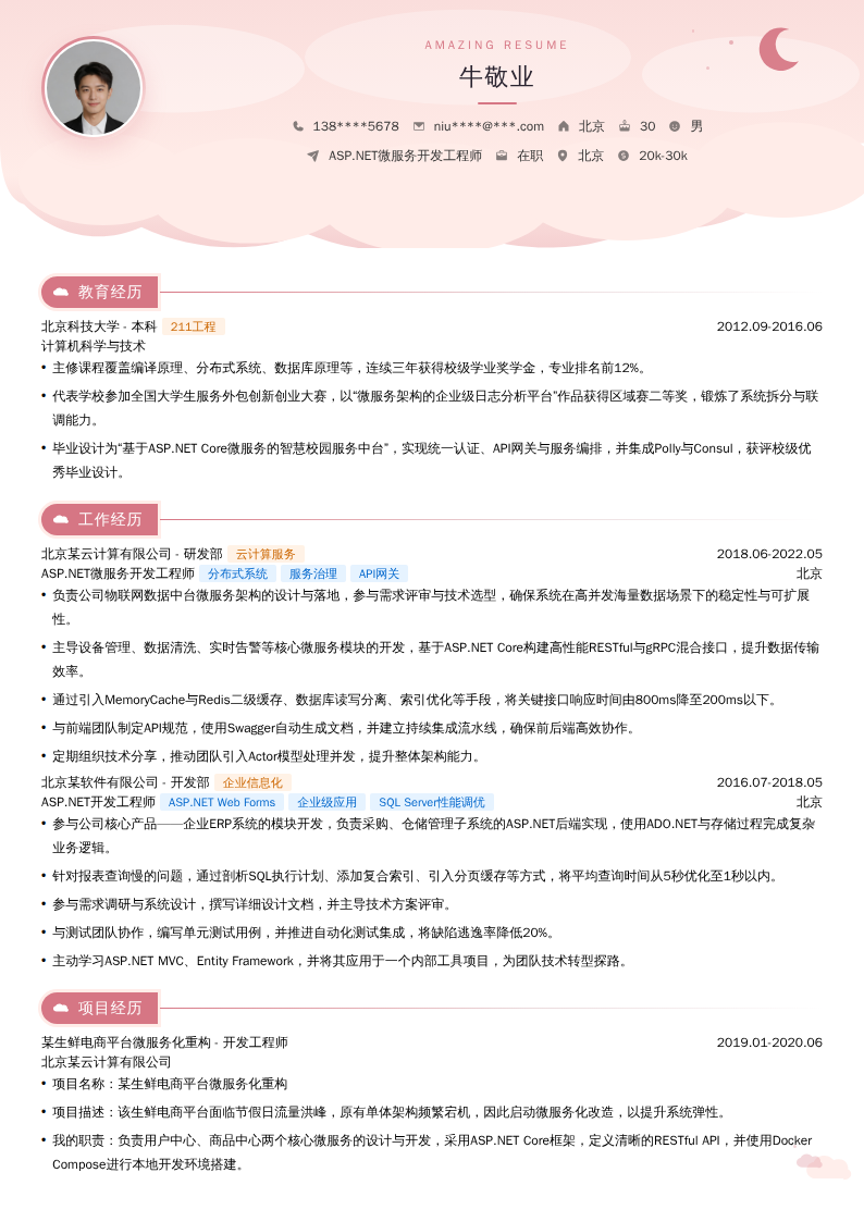 ASP.NET微服务开发工程师简历模板