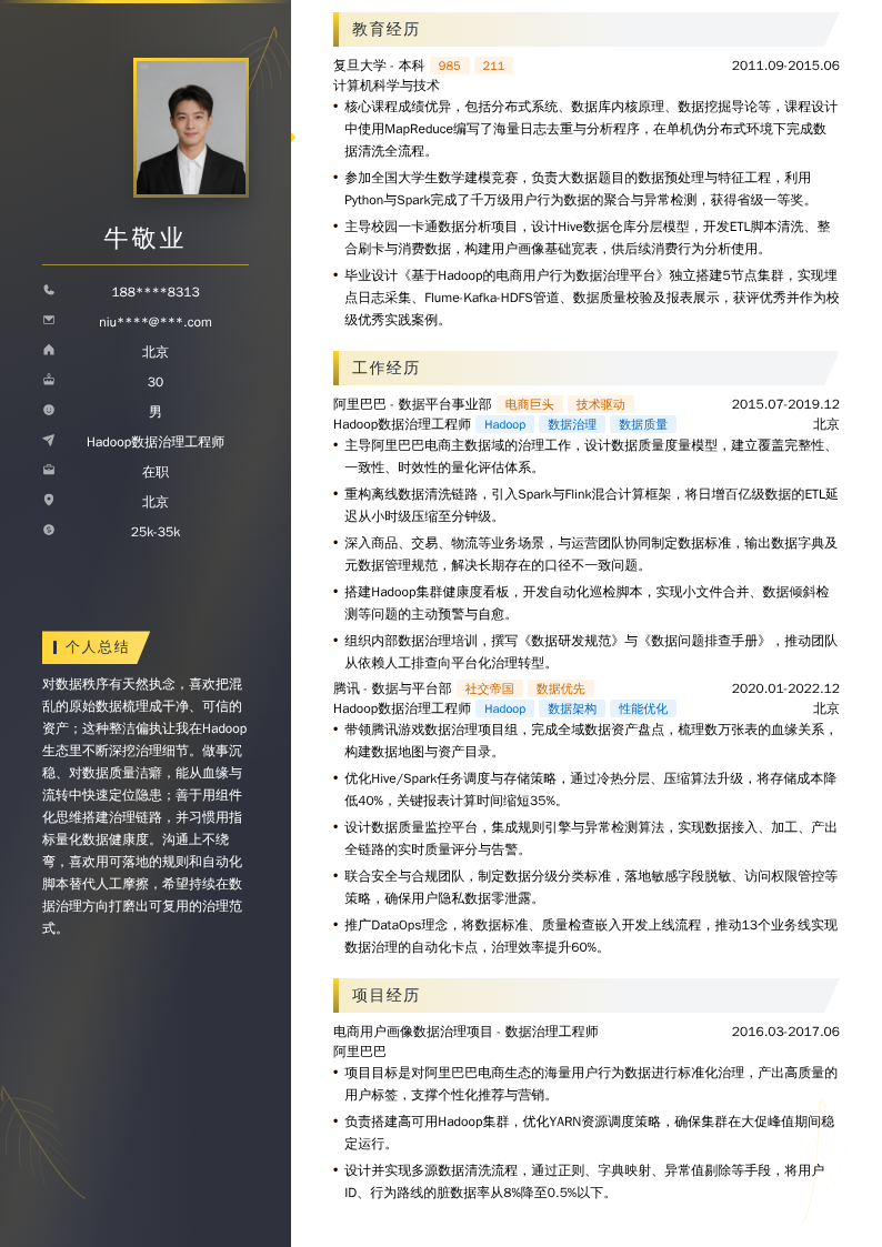 Hadoop数据治理工程师简历模板