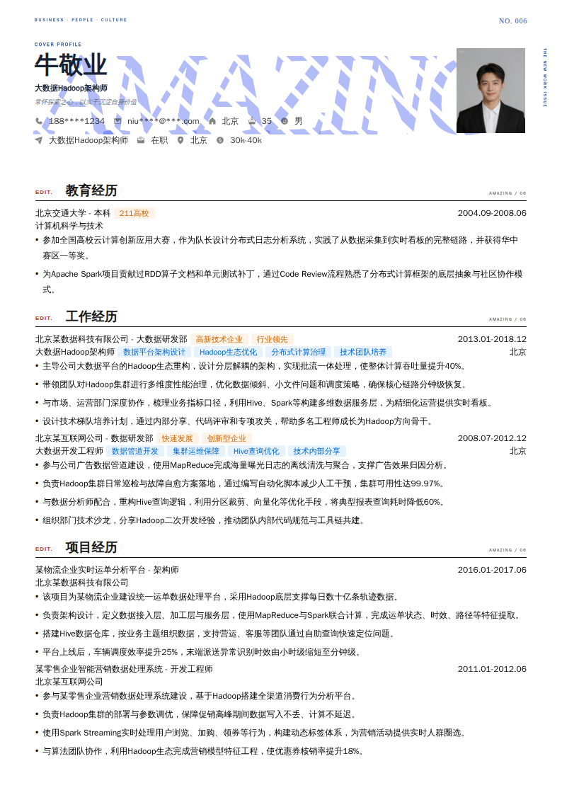 大数据Hadoop架构师简历模板