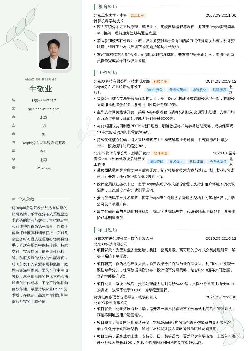Delphi分布式系统后端开发简历模板