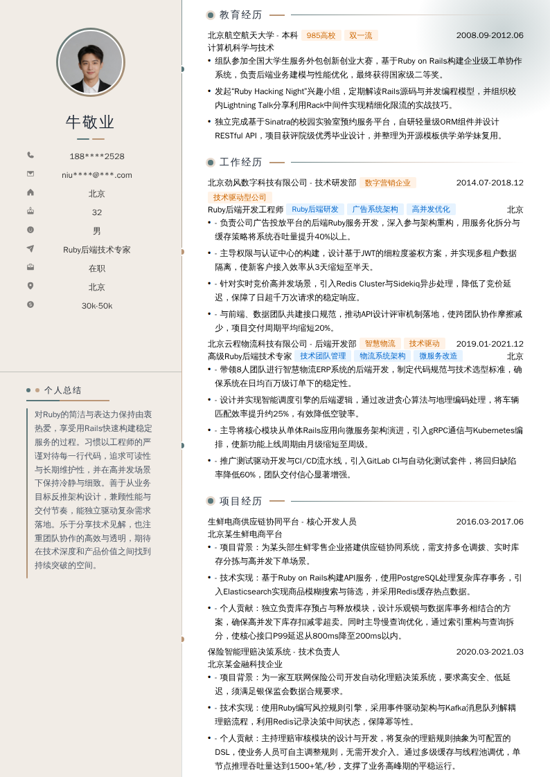 Ruby后端技术专家简历模板