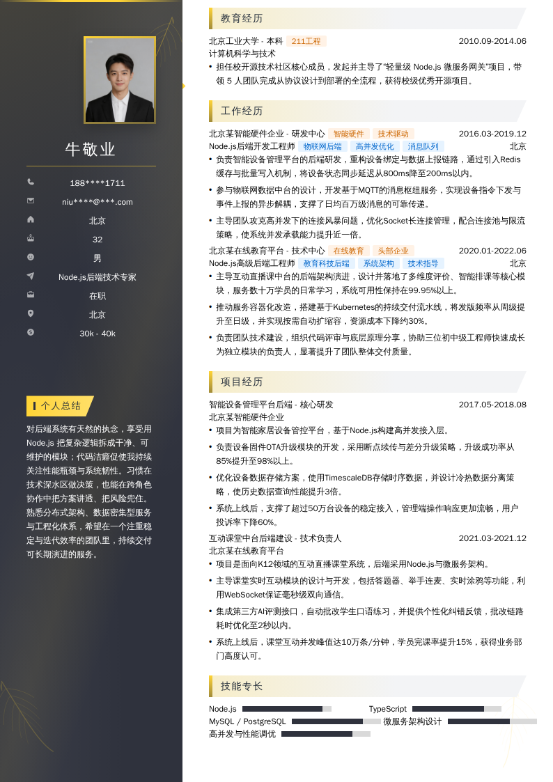 Node.js后端技术专家简历模板