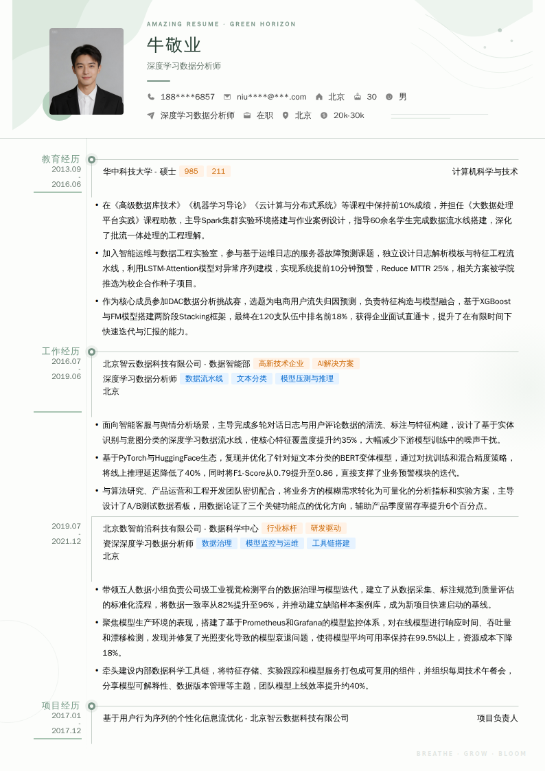 深度学习数据分析师简历模板