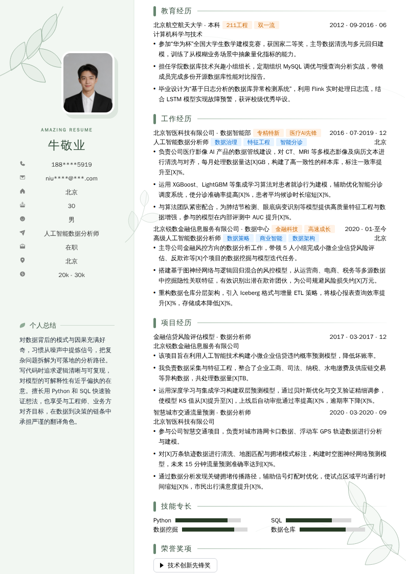 人工智能数据分析师简历模板
