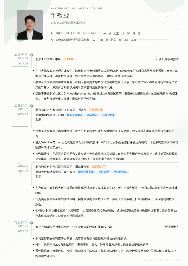 大数据功能测试开发工程师简历模板