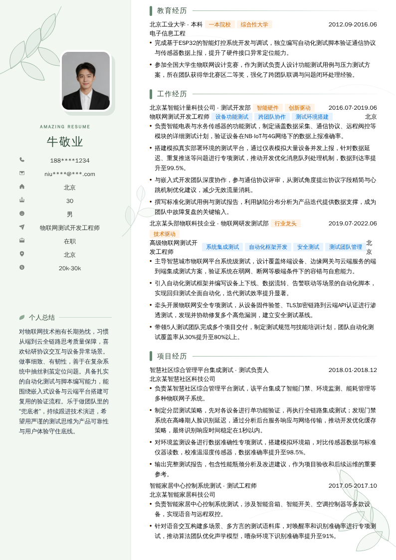 物联网测试开发工程师简历模板