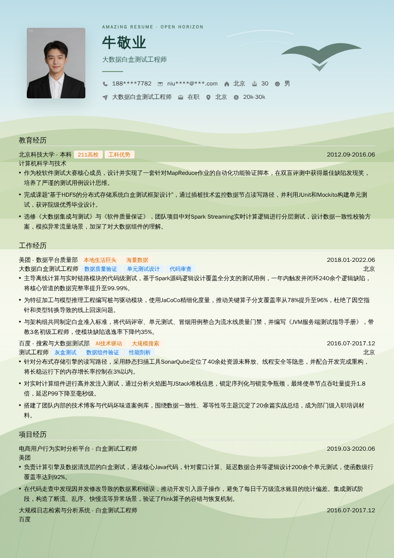 大数据白盒测试工程师简历模板