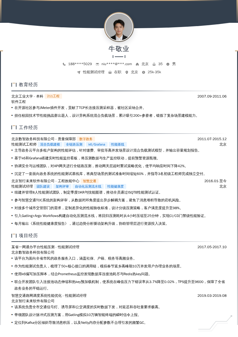 性能测试经理简历模板