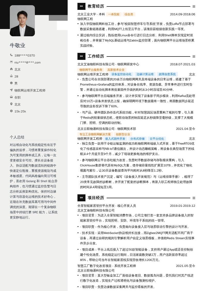 物联网运维开发工程师简历模板