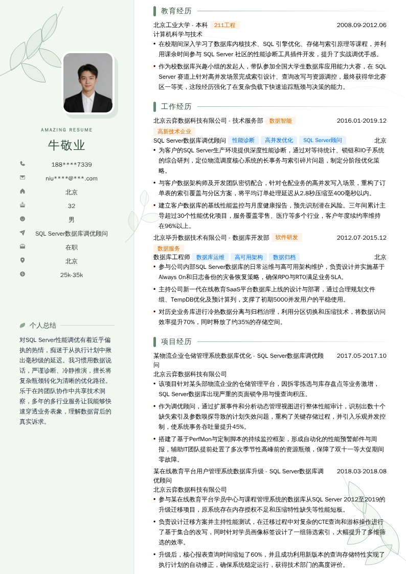 SQL Server数据库调优顾问简历模板