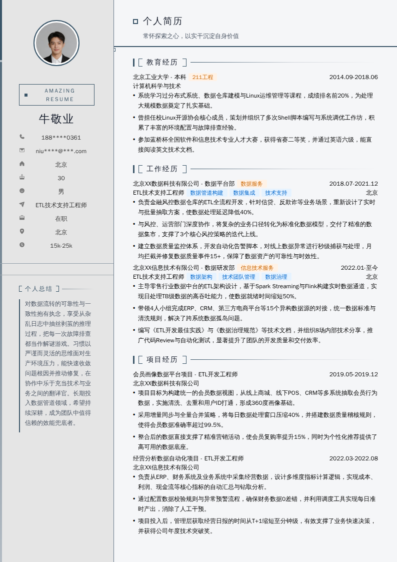 ETL技术支持工程师简历模板