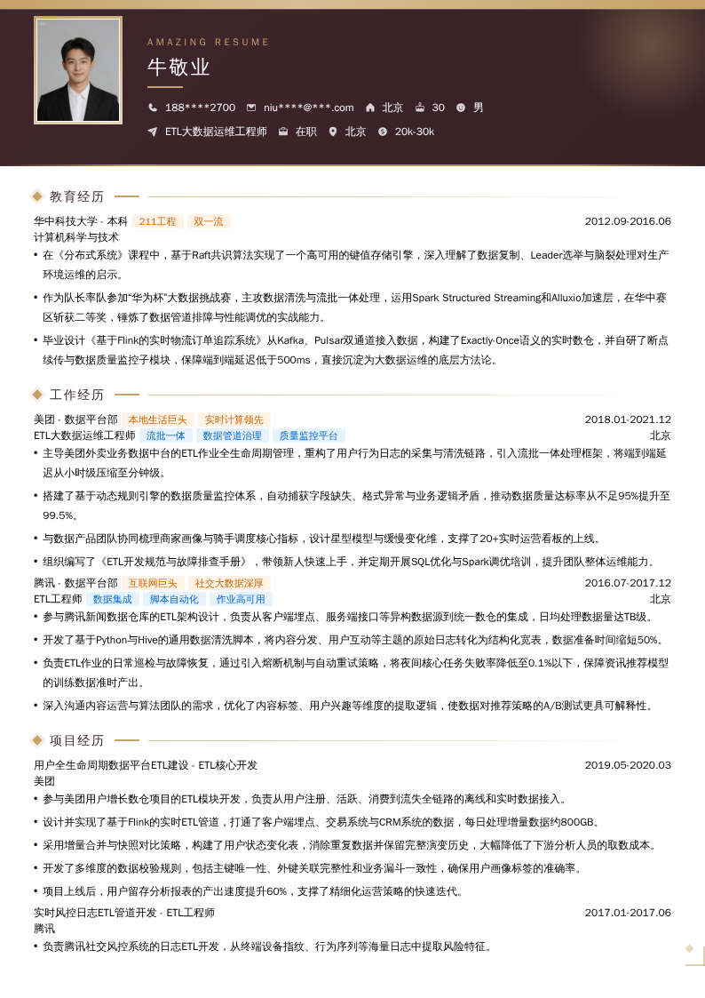 ETL大数据运维工程师简历模板