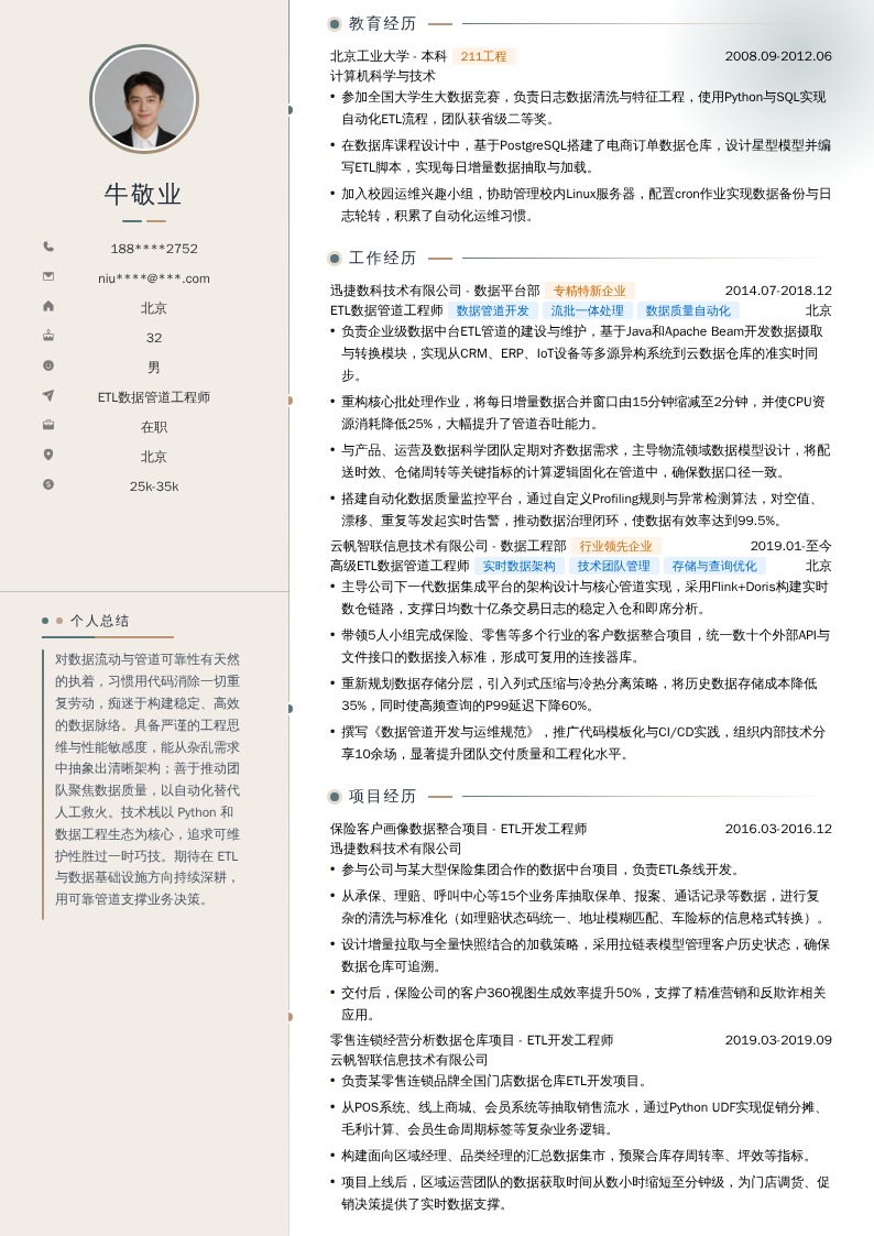 ETL数据管道工程师简历模板