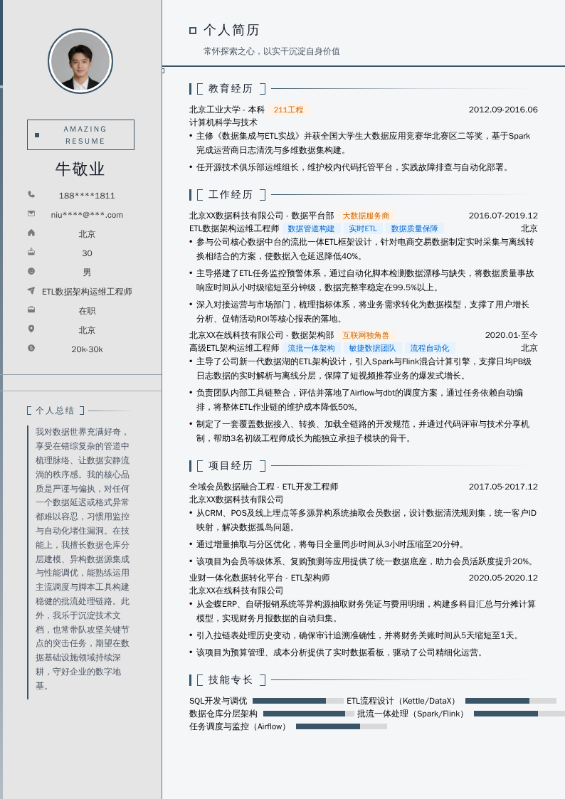 ETL数据架构运维工程师简历模板