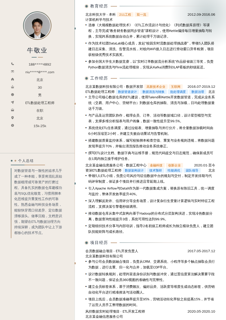 ETL数据处理工程师简历模板
