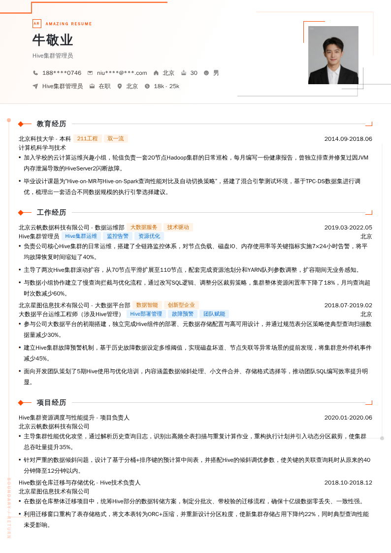 Hive集群管理员简历模板