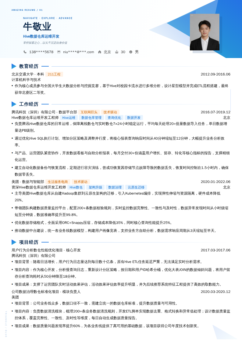 Hive数据仓库运维开发简历模板