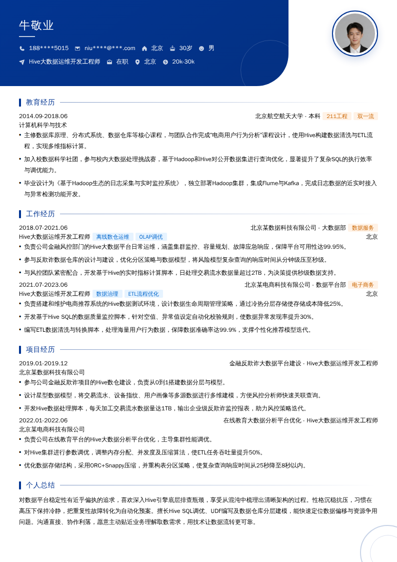 Hive大数据运维开发工程师简历模板
