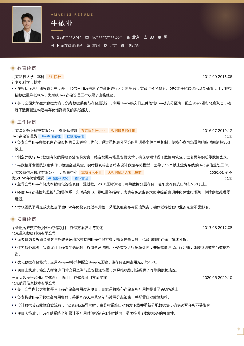 Hive存储管理员简历模板