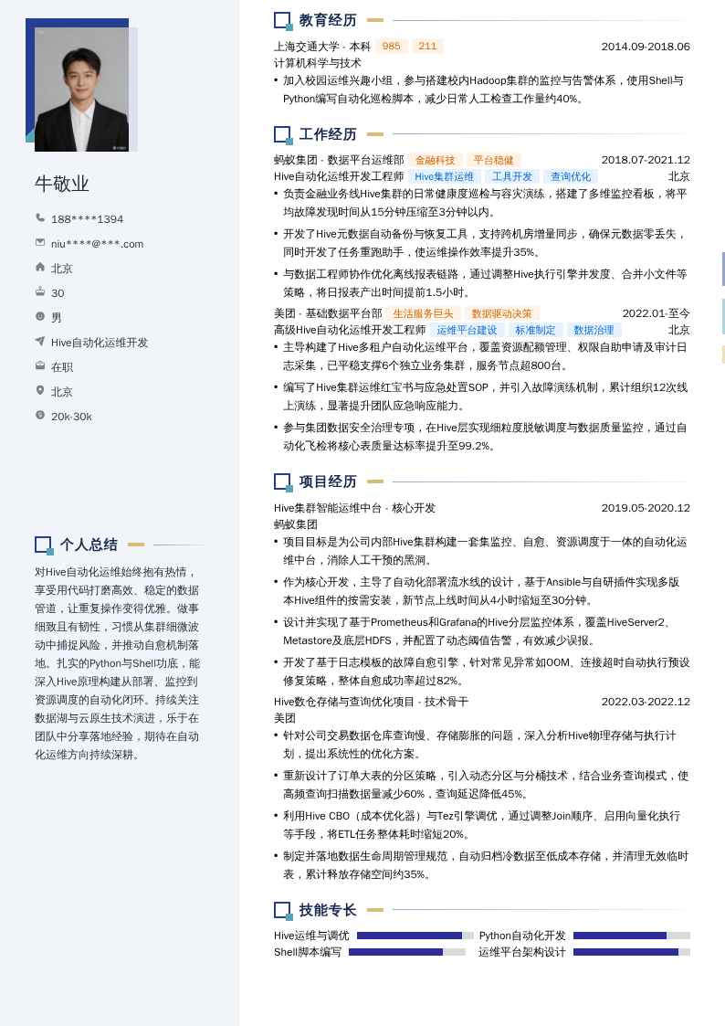 Hive自动化运维开发简历模板