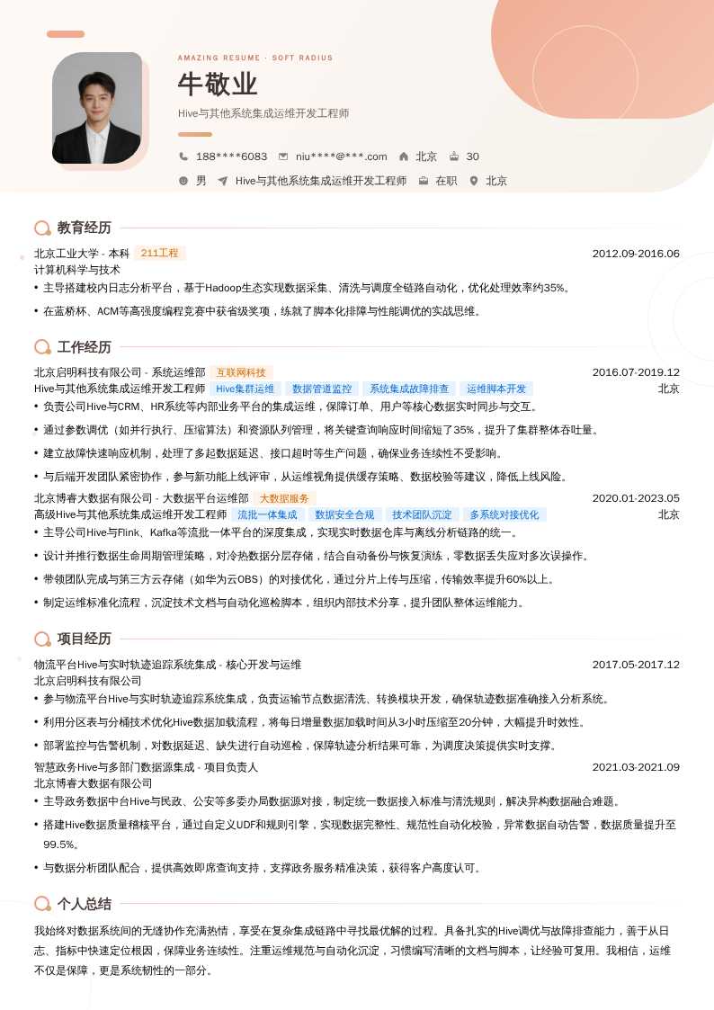 Hive与其他系统集成运维开发工程师简历模板