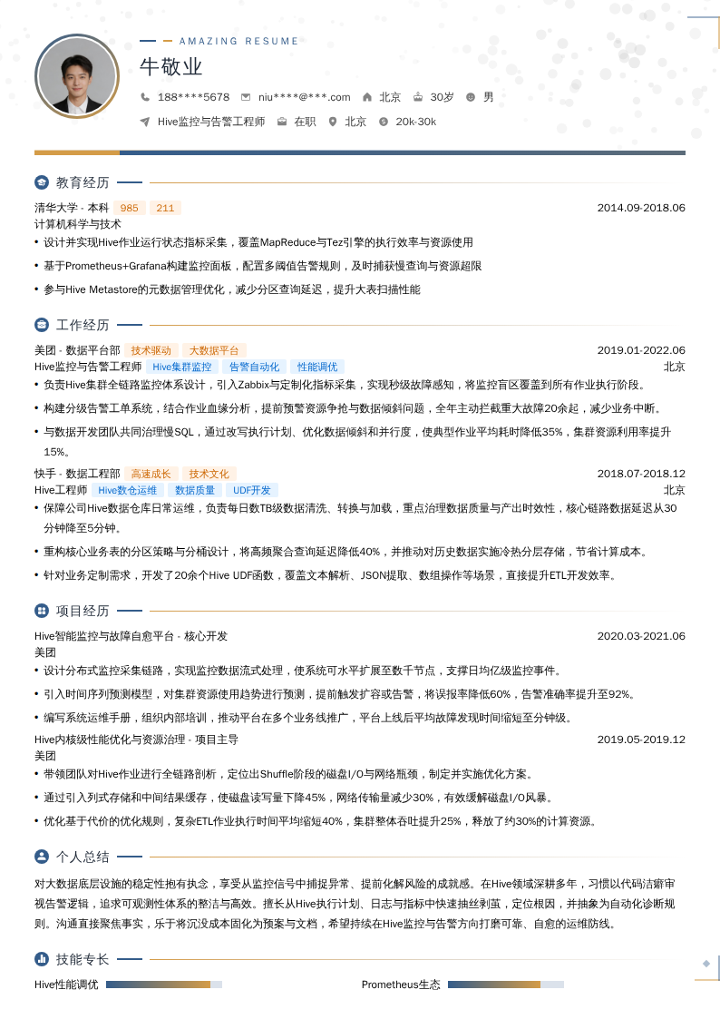Hive监控与告警工程师简历模板