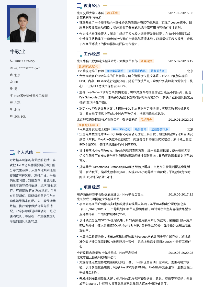 Hive系统运维开发工程师简历模板