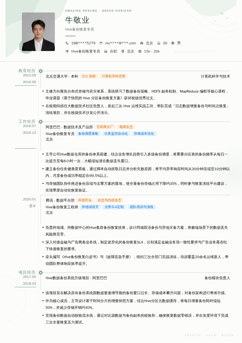 Hive备份恢复专员简历模板