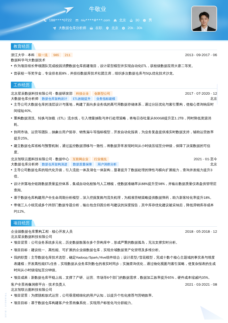 大数据仓库分析师简历模板
