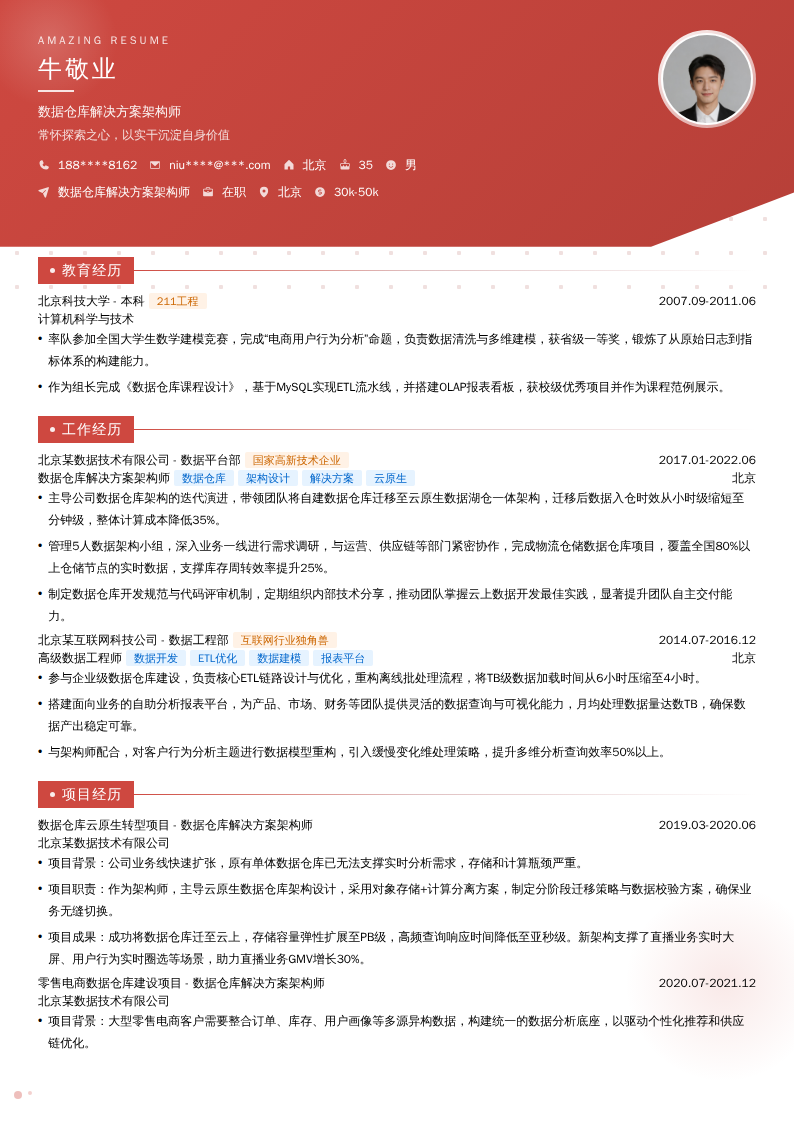 数据仓库解决方案架构师简历模板