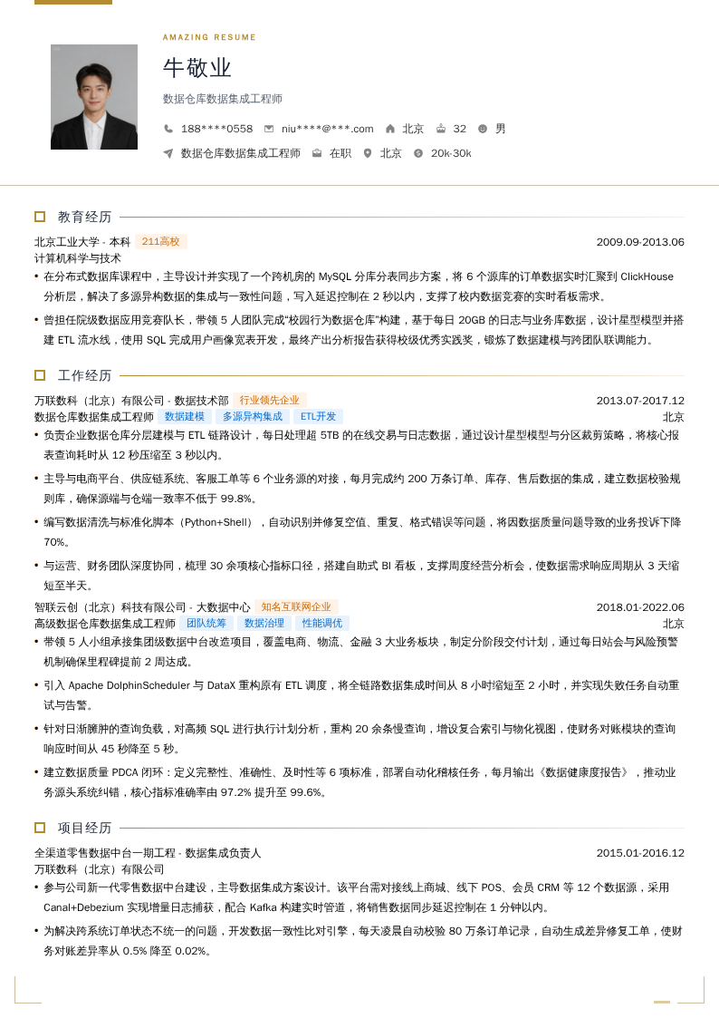 数据仓库数据集成工程师简历模板