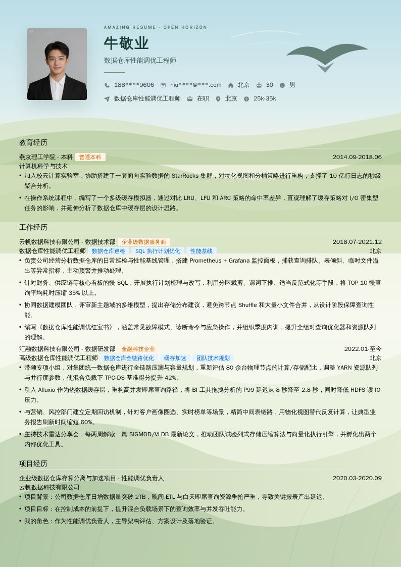 数据仓库性能调优工程师简历模板
