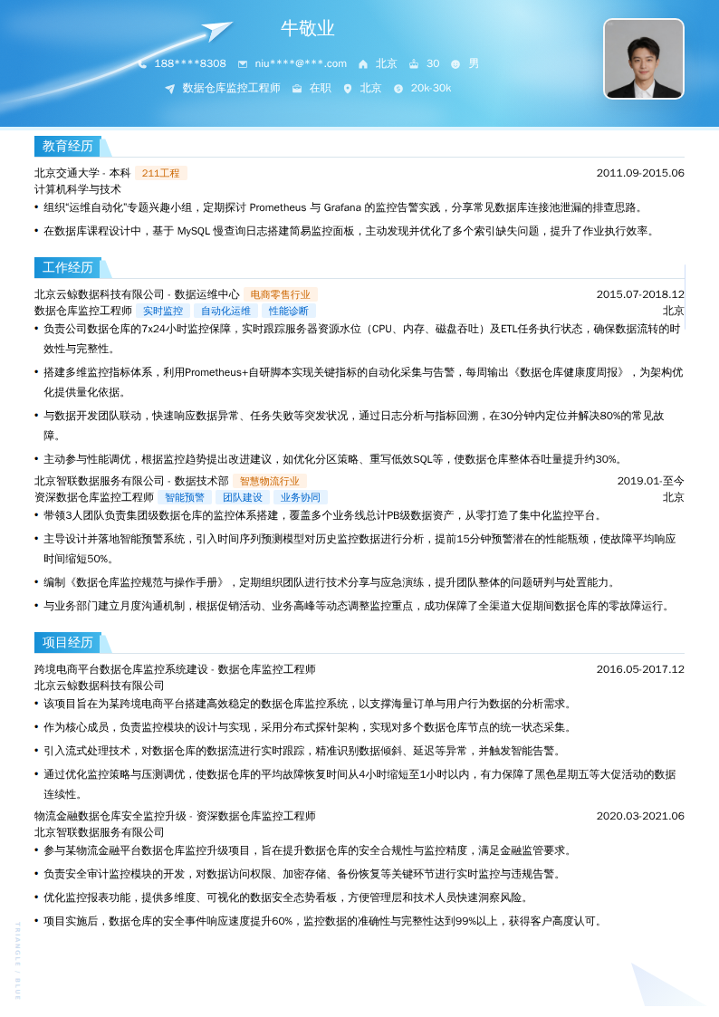 数据仓库监控工程师简历模板