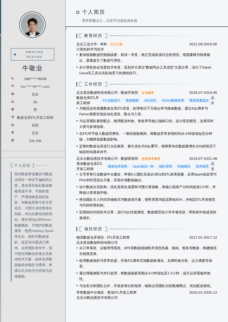 数据仓库ETL开发工程师简历模板
