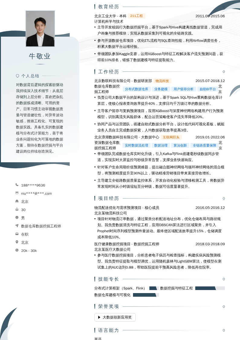 数据仓库数据挖掘工程师简历模板