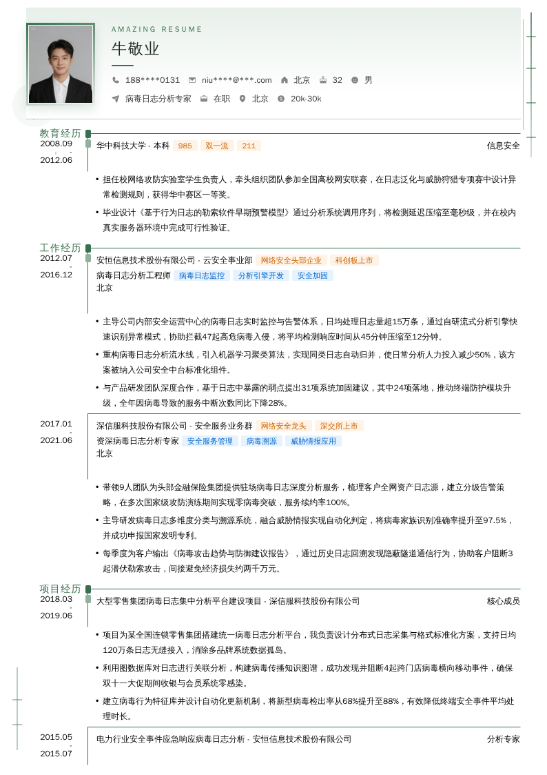 病毒日志分析专家简历模板