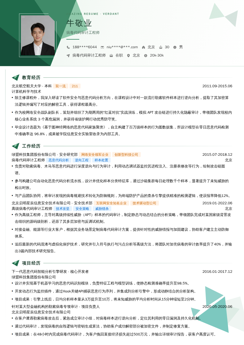 病毒代码审计工程师简历模板