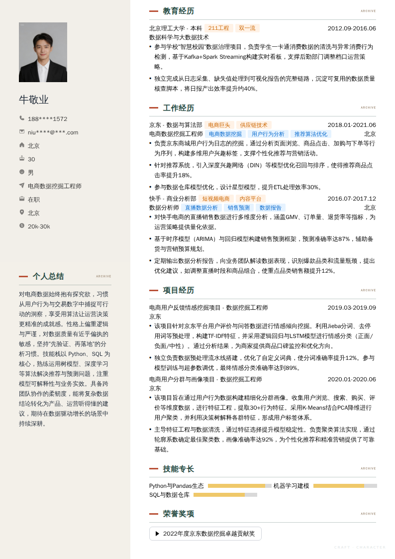 电商数据挖掘工程师简历模板