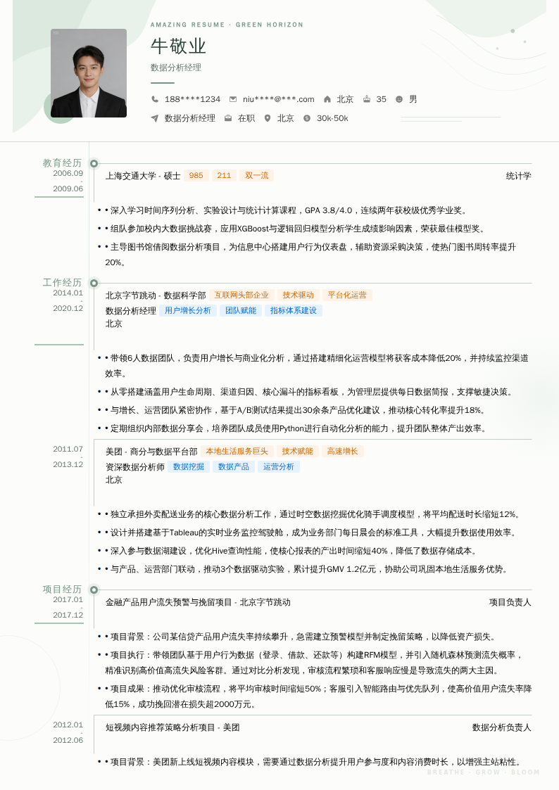 数据分析经理简历模板