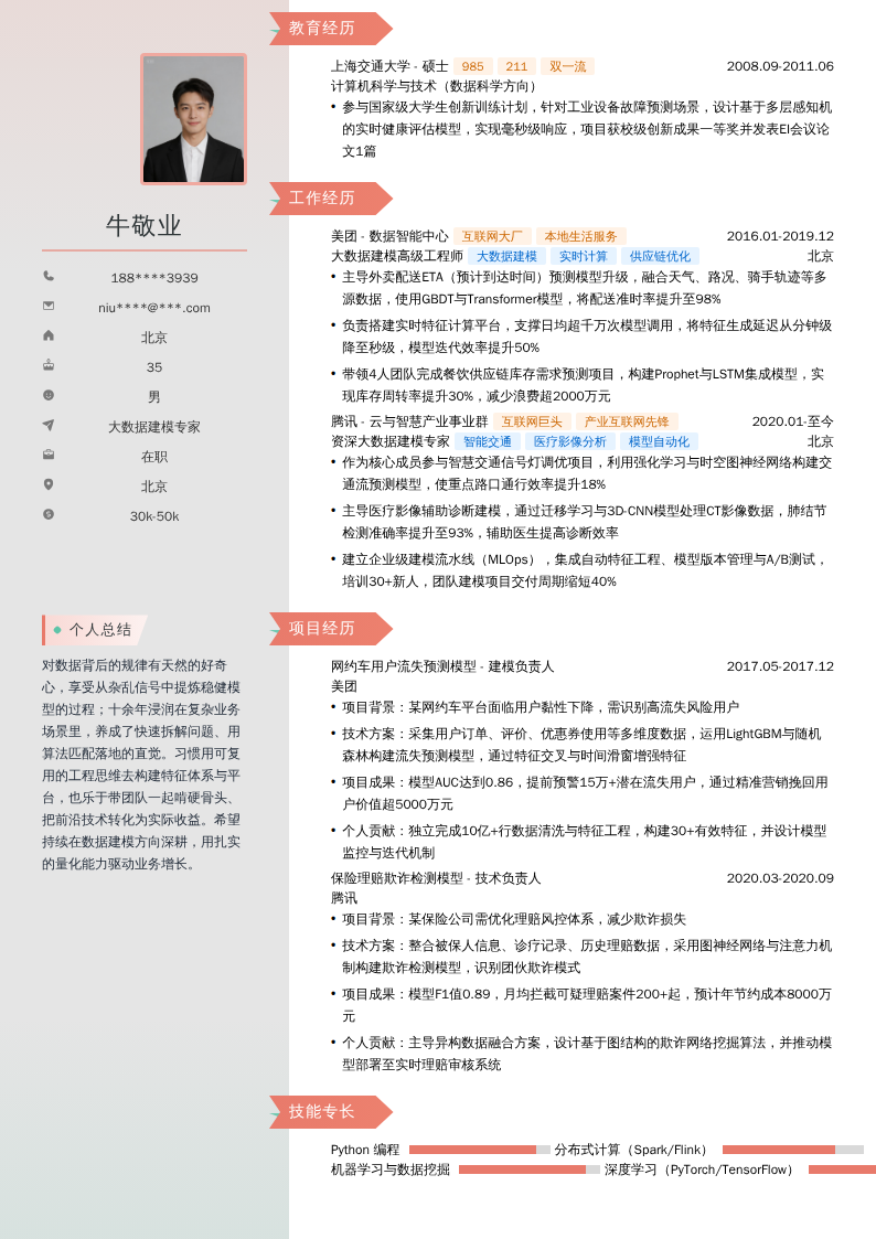 大数据建模专家简历模板