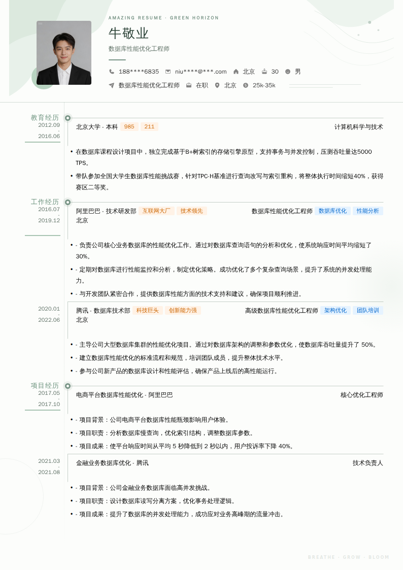 数据库性能优化工程师简历模板