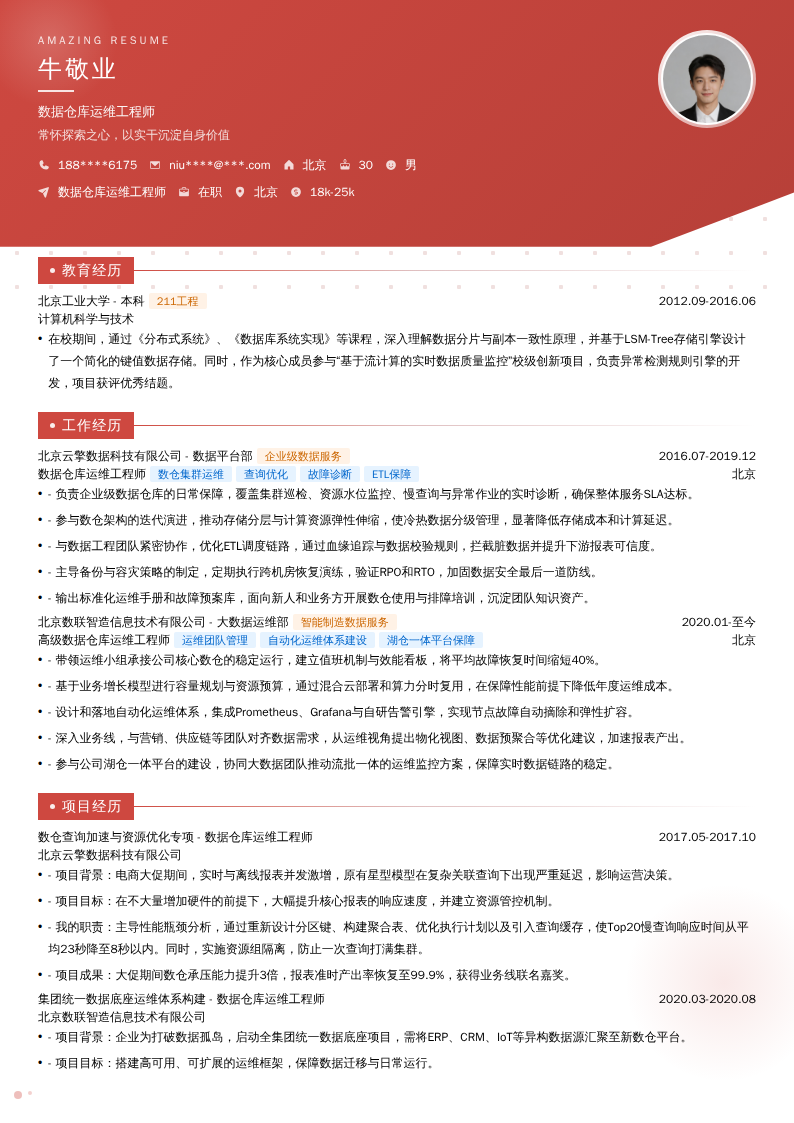 数据仓库运维工程师简历模板