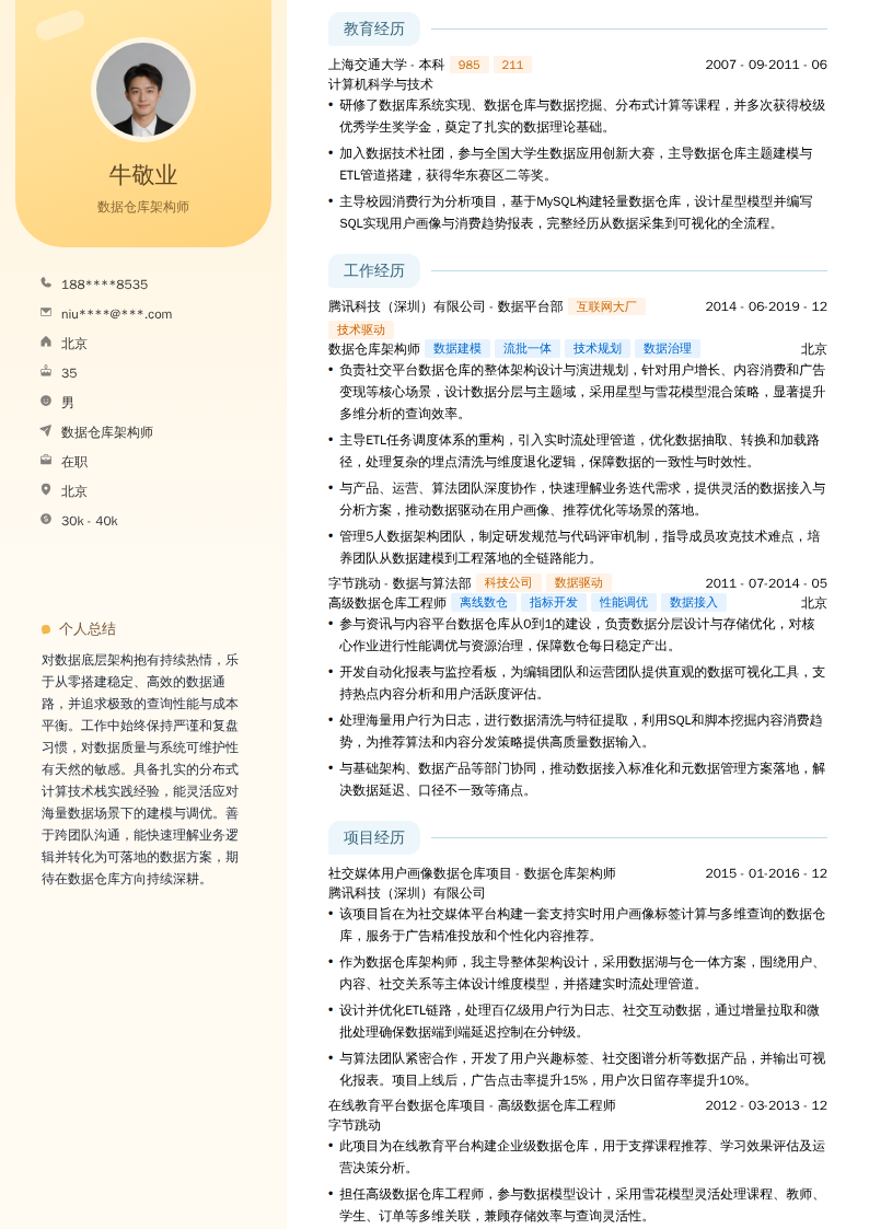 数据仓库架构师简历模板