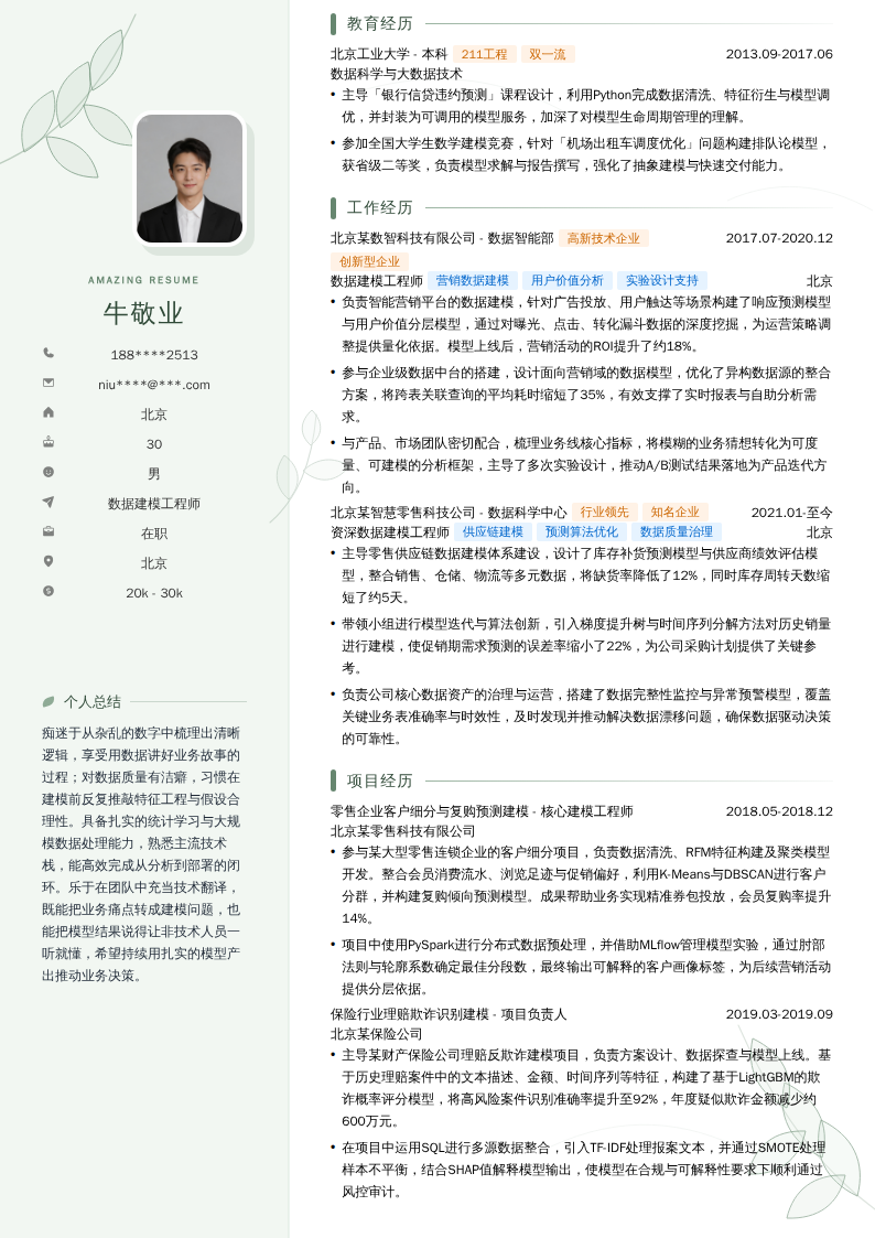 数据建模工程师简历模板