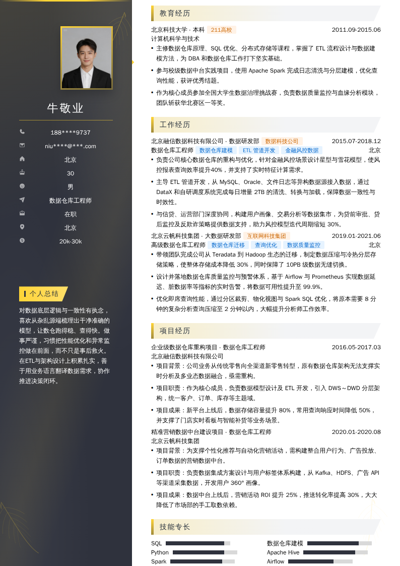 数据仓库工程师简历模板
