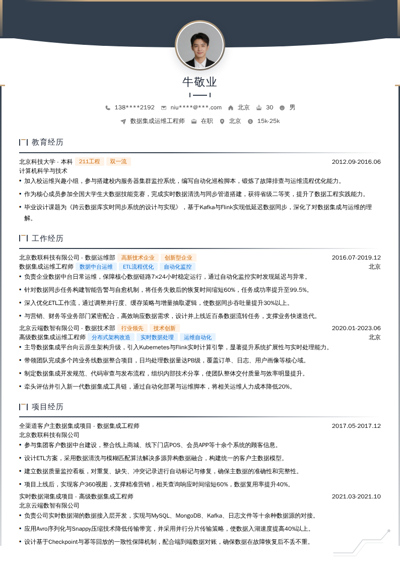 数据集成运维工程师简历模板