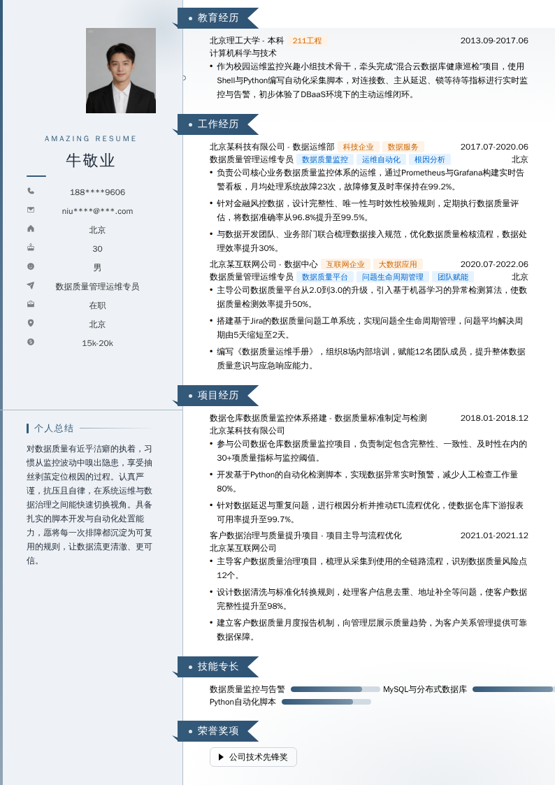 数据质量管理运维专员简历模板
