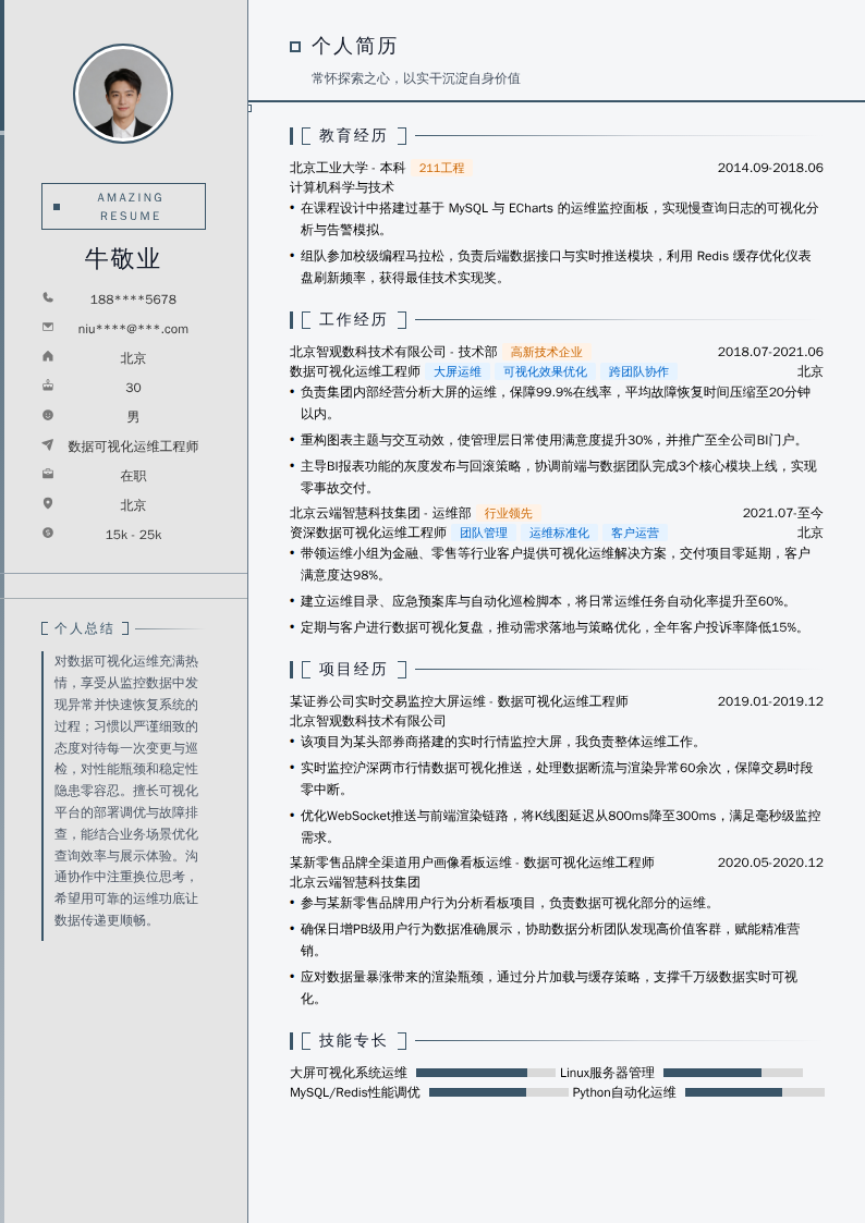 数据可视化运维工程师简历模板