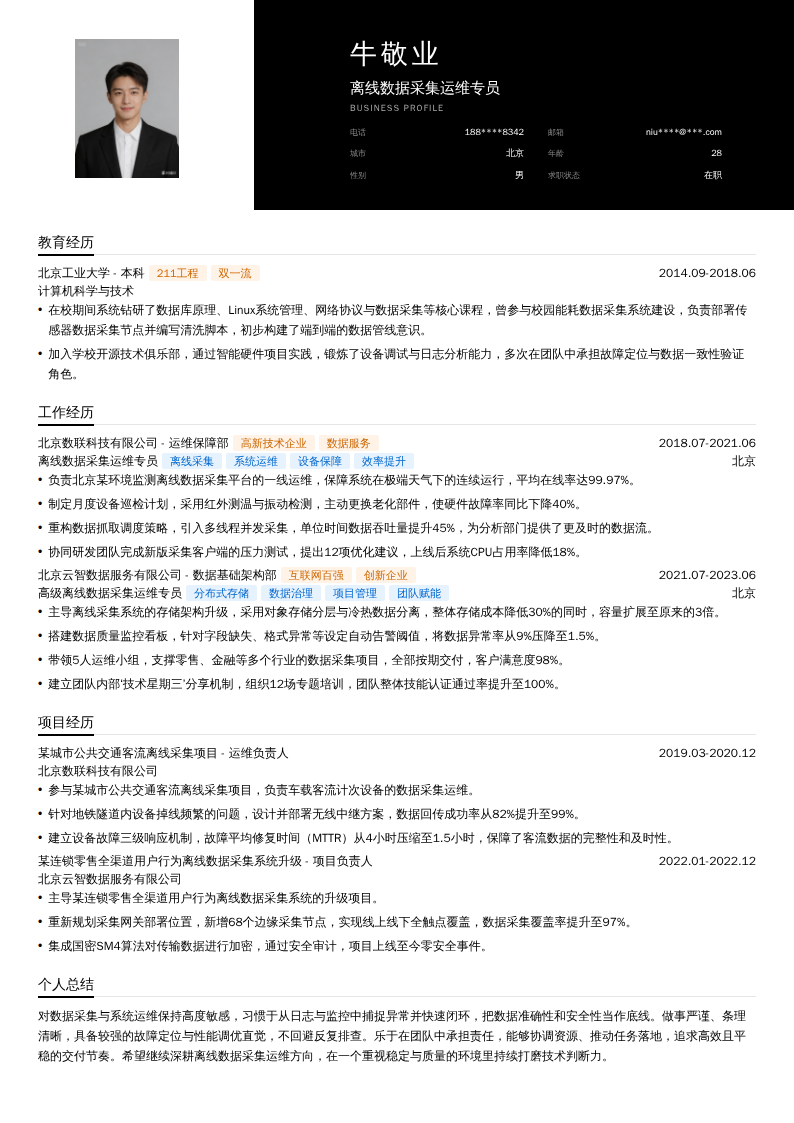 离线数据采集运维专员简历模板