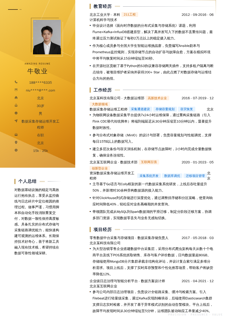数据采集存储运维开发工程师简历模板